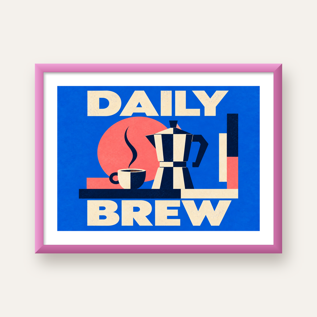 Daily Brew Poster: Retro Geometrik Kahve Makinesi İllüstrasyonu — pembe çerçeveli paspartulu