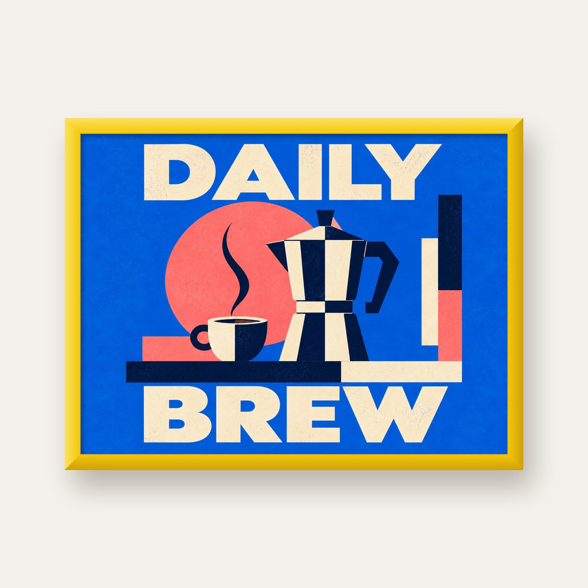 Daily Brew Poster: Retro Geometrik Kahve Makinesi İllüstrasyonu — sarı çerçeveli
