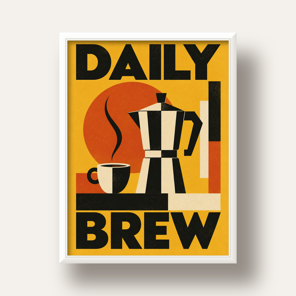 Retro Kahve Temalı Moka Pot Poster – Geometrik Dijital Sanat — beyaz derin çerçeveli