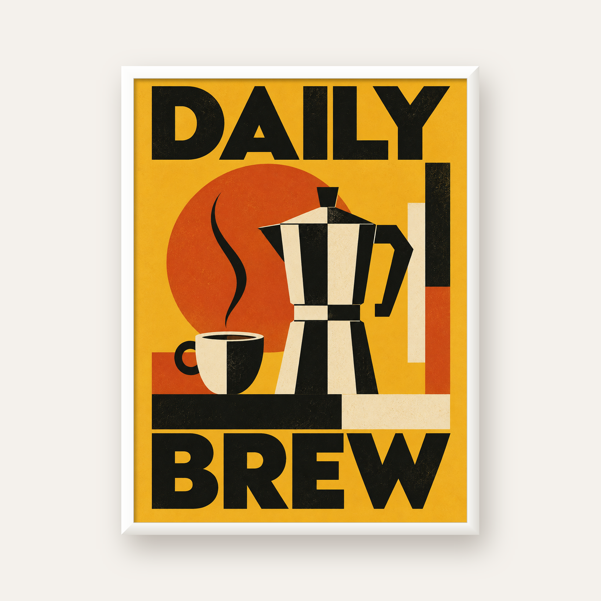 Retro Kahve Temalı Moka Pot Poster – Geometrik Dijital Sanat — beyaz çerçeveli dikey poster