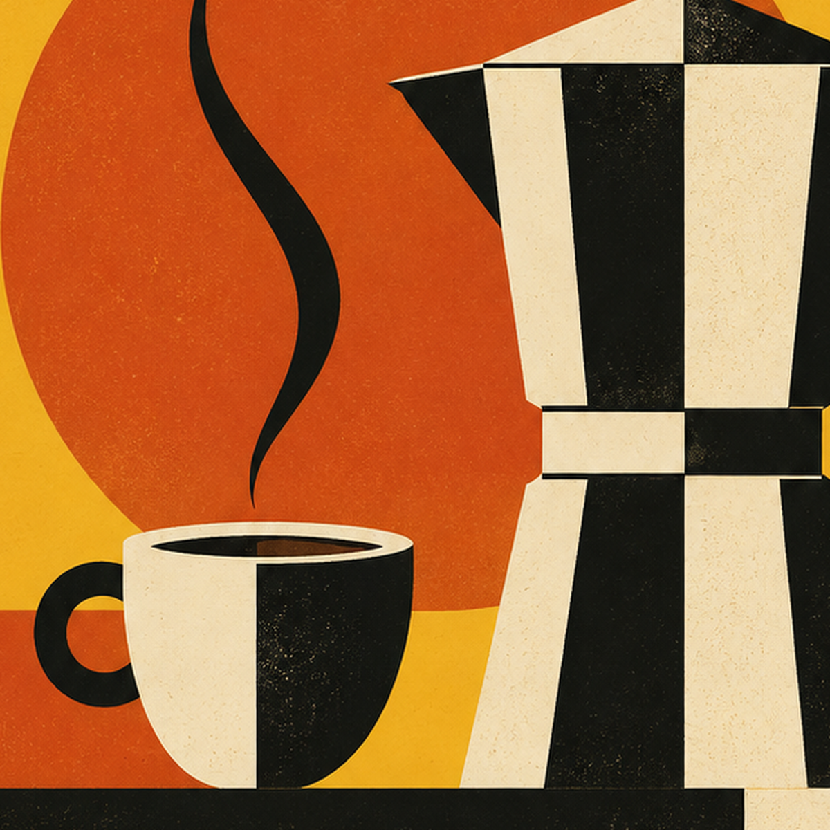 Retro Kahve Temalı Moka Pot Poster – Geometrik Dijital Sanat — baskının yakın çekimi, kâğıt dokusu ve renk detayı