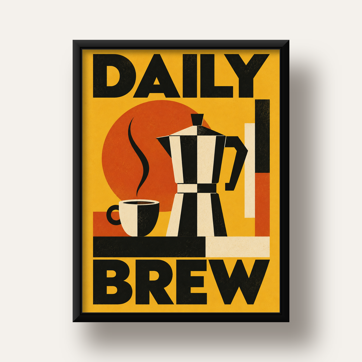 Retro Kahve Temalı Moka Pot Poster – Geometrik Dijital Sanat — siyah derin çerçeveli