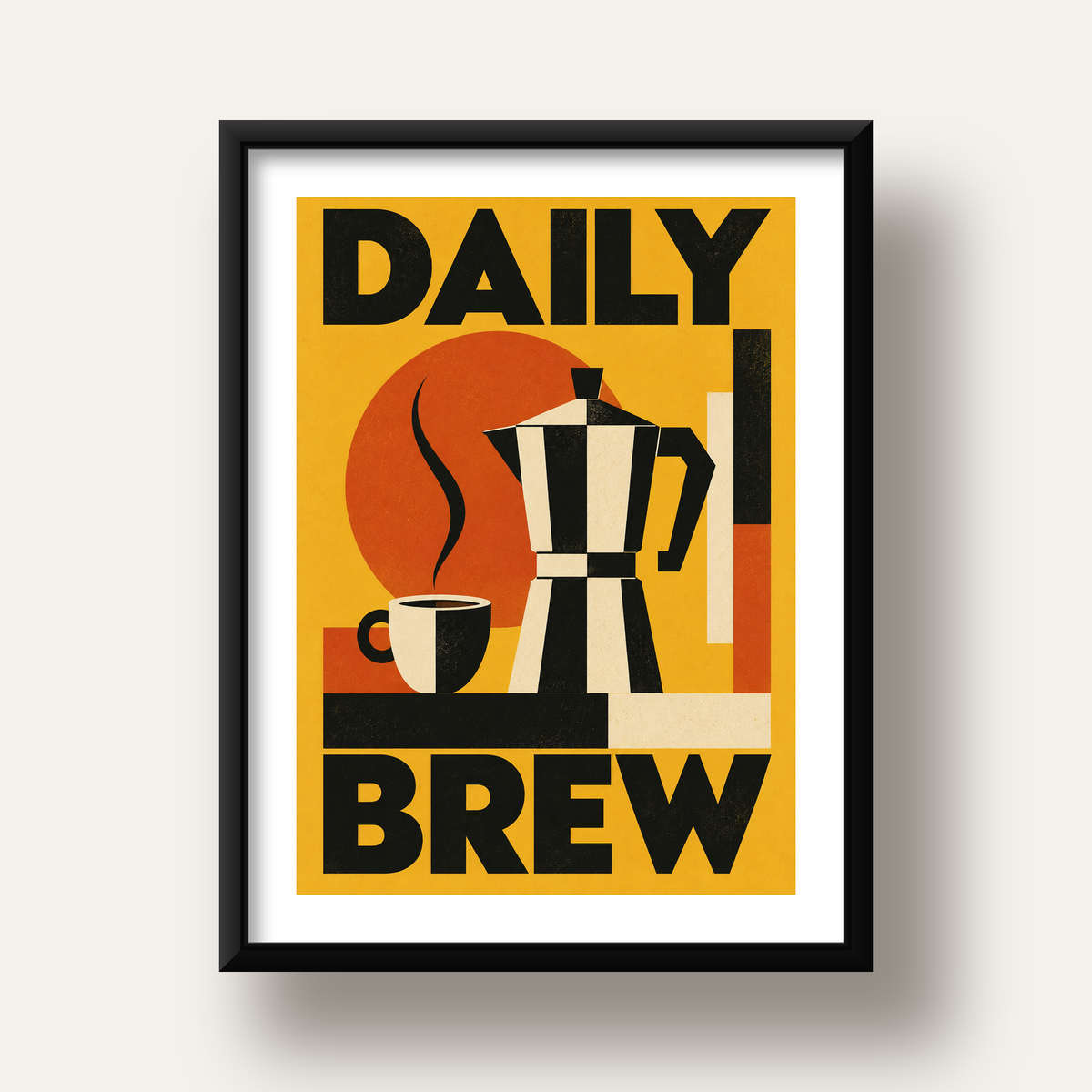 Retro Kahve Temalı Moka Pot Poster – Geometrik Dijital Sanat — siyah derin çerçeveli paspartulu