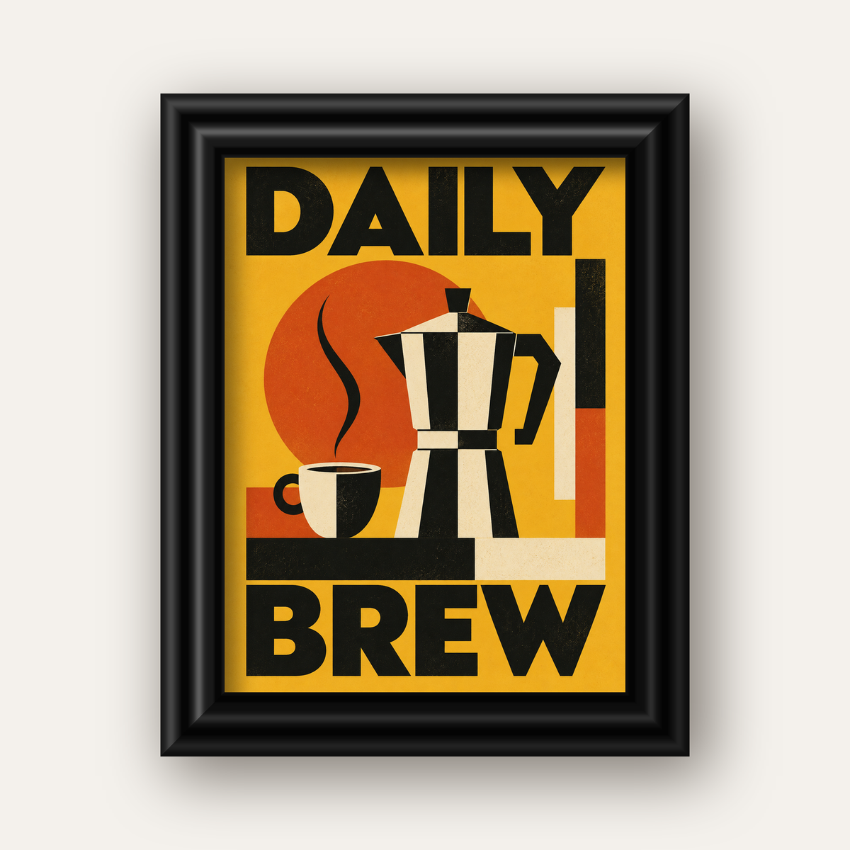 Retro Kahve Temalı Moka Pot Poster – Geometrik Dijital Sanat — siyah galeri çerçeveli