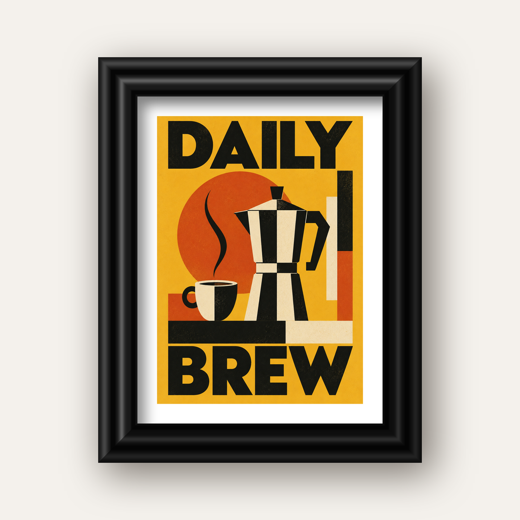 Retro Kahve Temalı Moka Pot Poster – Geometrik Dijital Sanat — siyah galeri çerçeveli paspartulu