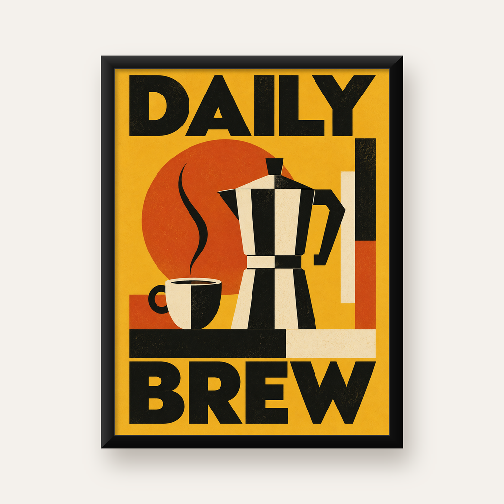 Retro Kahve Temalı Moka Pot Poster – Geometrik Dijital Sanat — Dikey baskı, düz siyah çerçeveli duvar posteri