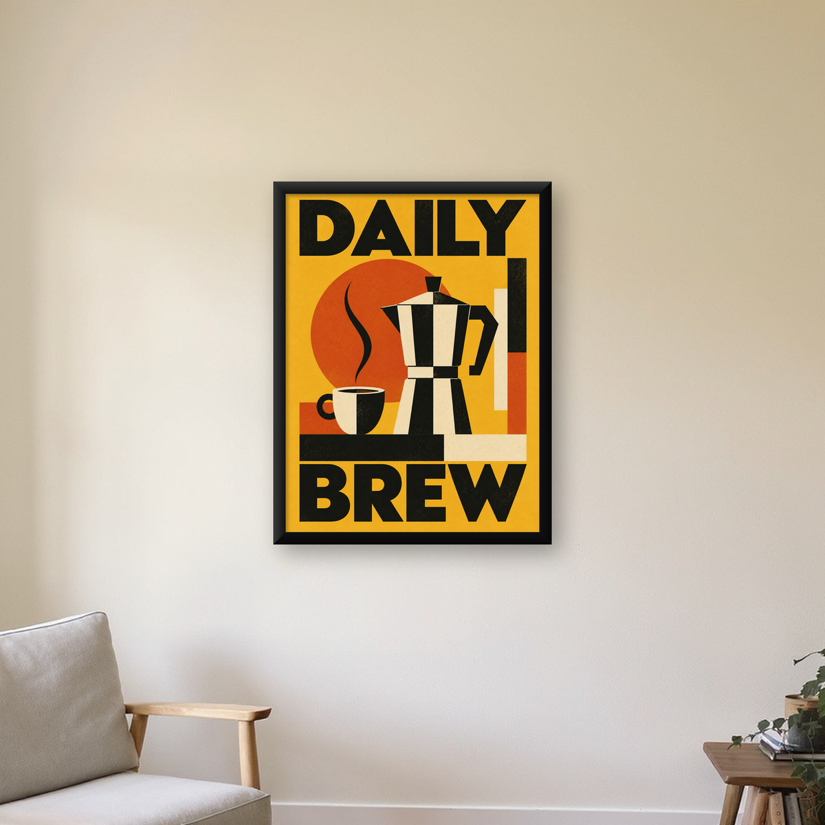 Retro Kahve Temalı Moka Pot Poster – Geometrik Dijital Sanat — Dikey baskı, çerçeveli hâliyle bir ev duvarında