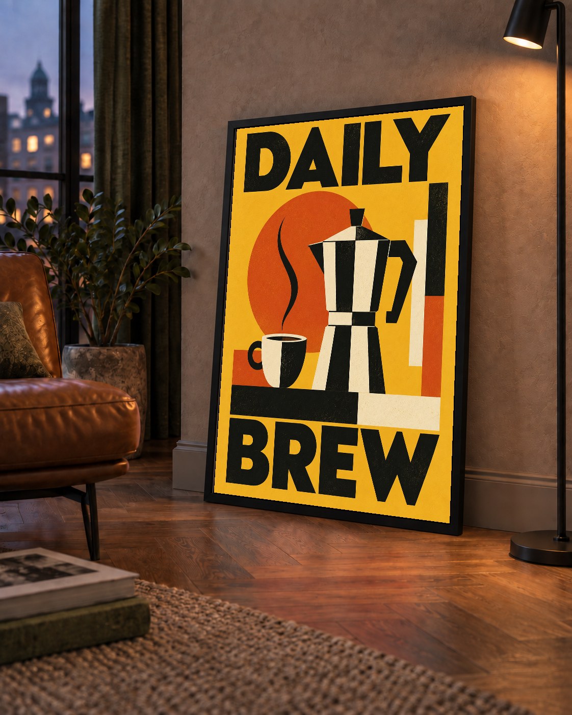 Retro Kahve Temalı Moka Pot Poster – Geometrik Dijital Sanat
