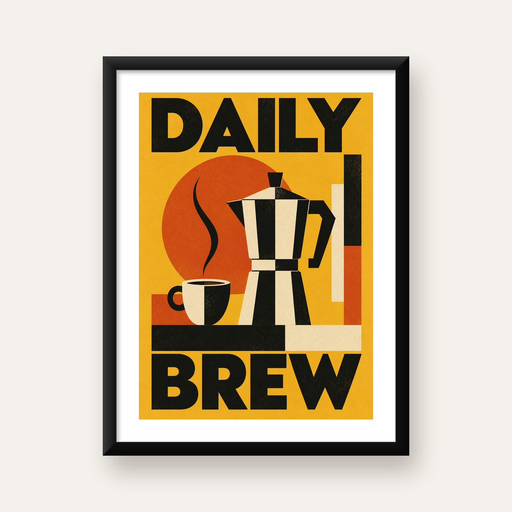 Retro Kahve Temalı Moka Pot Poster – Geometrik Dijital Sanat — Dikey baskı, beyaz paspartulu