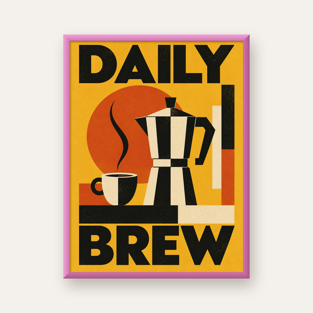 Retro Kahve Temalı Moka Pot Poster – Geometrik Dijital Sanat — pembe çerçeveli