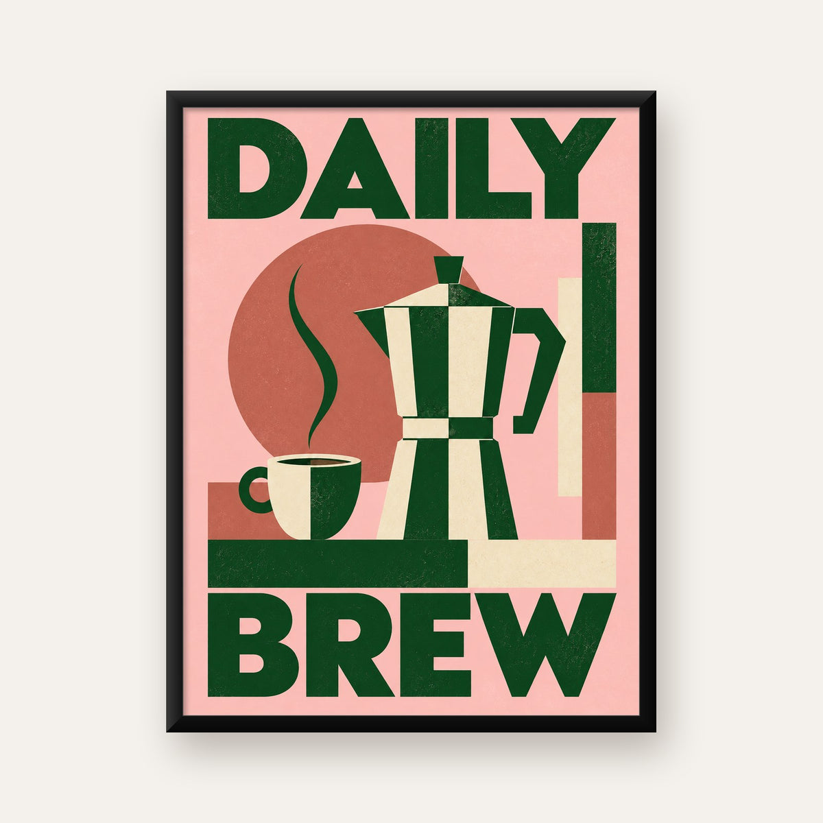 Retro Minimal Moka Pot Poster – DAILY BREW Kahve Sanatı — Dikey baskı, düz siyah çerçeveli duvar posteri