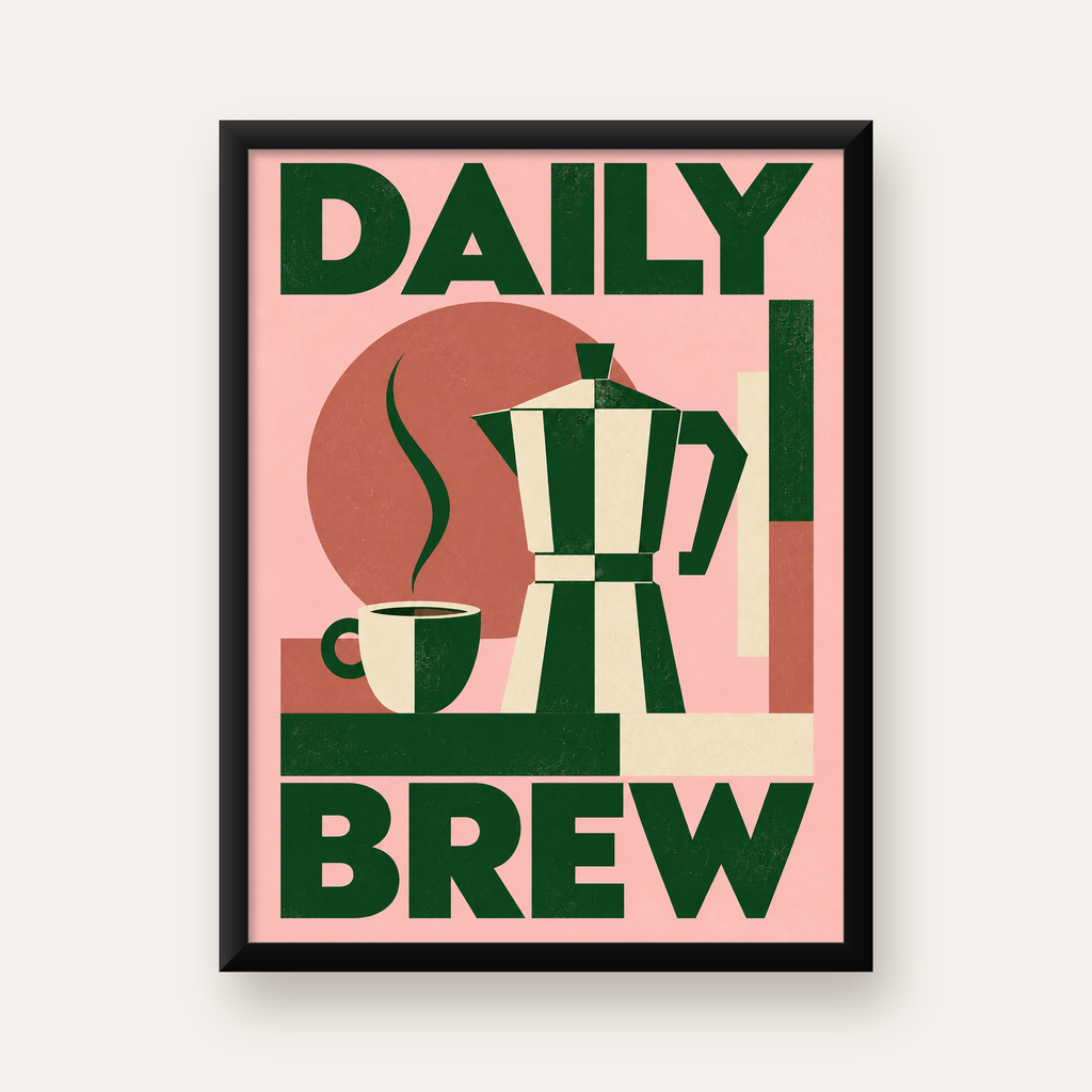 Retro Minimal Moka Pot Poster – DAILY BREW Kahve Sanatı — Dikey baskı, düz siyah çerçeveli duvar posteri