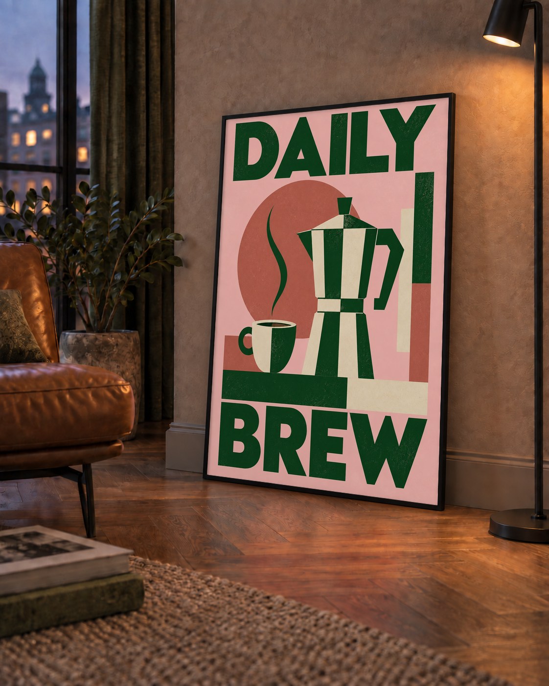 Retro Minimal Moka Pot Poster – DAILY BREW Kahve Sanatı — çerçeveli hâliyle bir ev duvarında