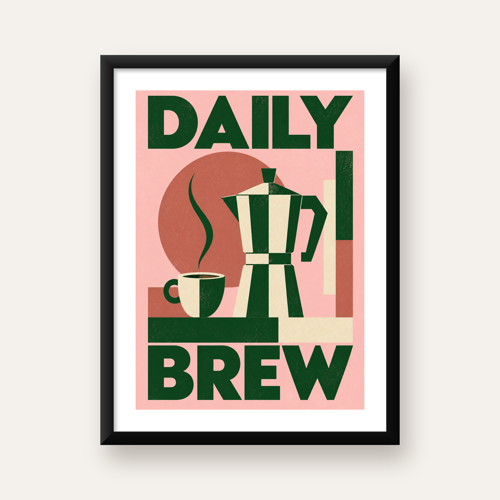Retro Minimal Moka Pot Poster – DAILY BREW Kahve Sanatı — Dikey baskı, beyaz paspartulu