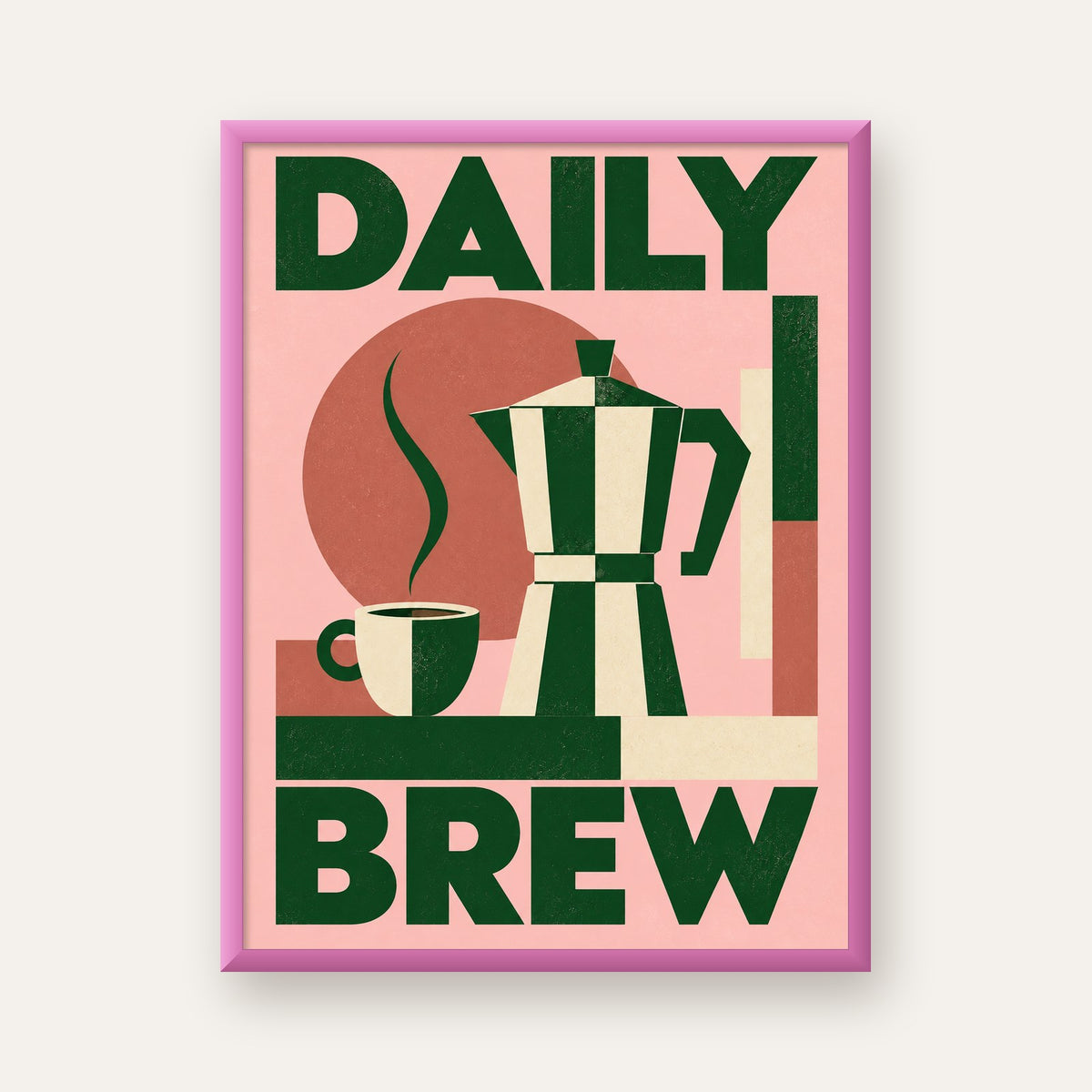 Retro Minimal Moka Pot Poster – DAILY BREW Kahve Sanatı — pembe çerçeveli