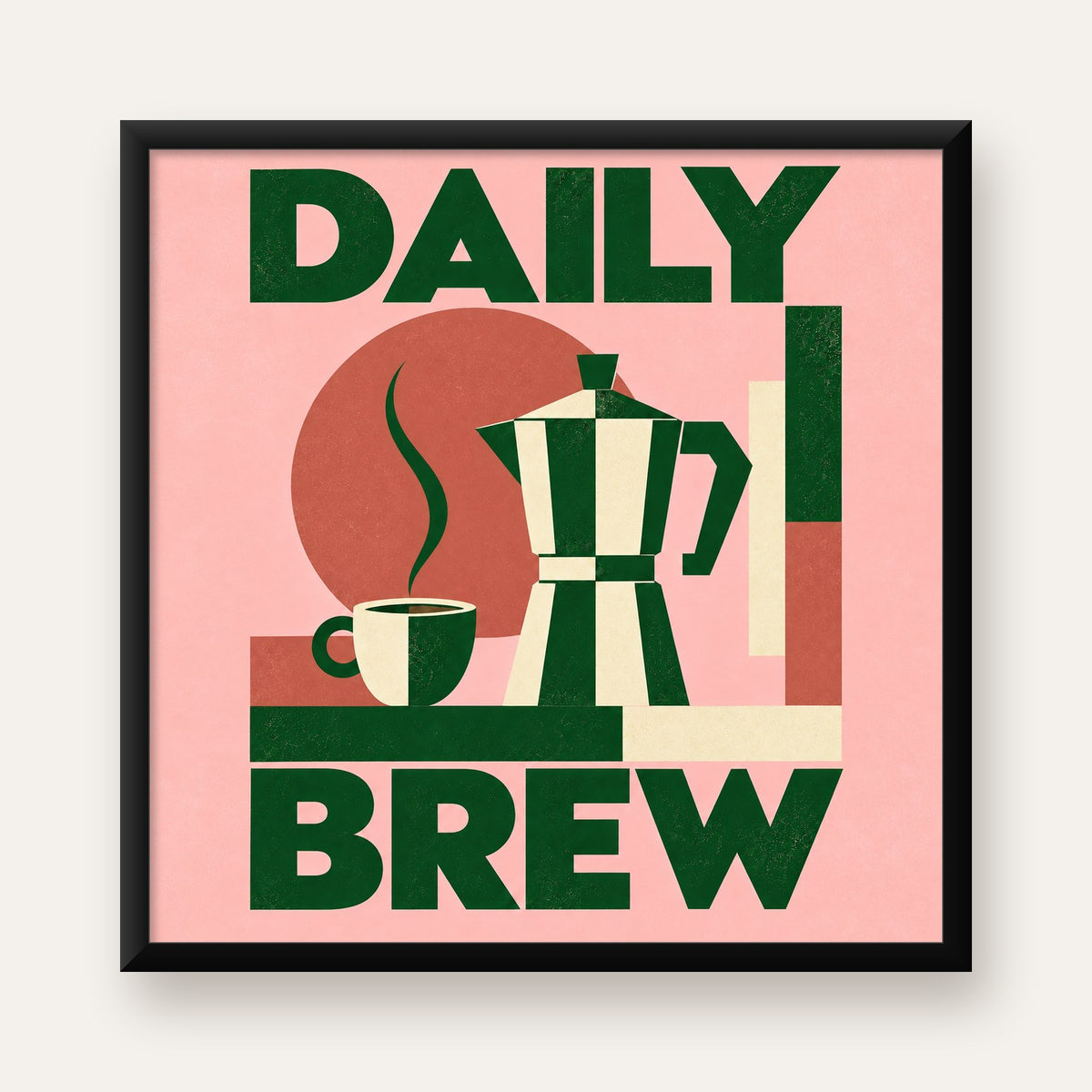 Retro Minimal Moka Pot Poster – DAILY BREW Kahve Sanatı — Kare baskı, düz siyah çerçeveli duvar posteri