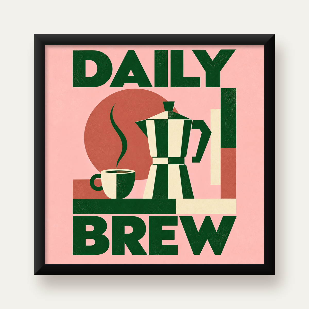Retro Minimal Moka Pot Poster – DAILY BREW Kahve Sanatı — Kare baskı, düz siyah çerçeveli duvar posteri