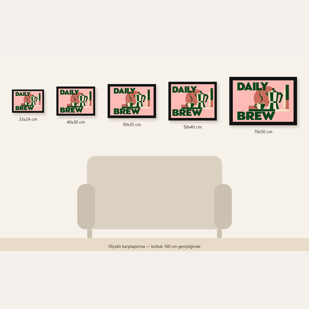 Retro Minimal Moka Pot Poster – DAILY BREW Kahve Sanatı — Yatay ölçülerinin karşılaştırması