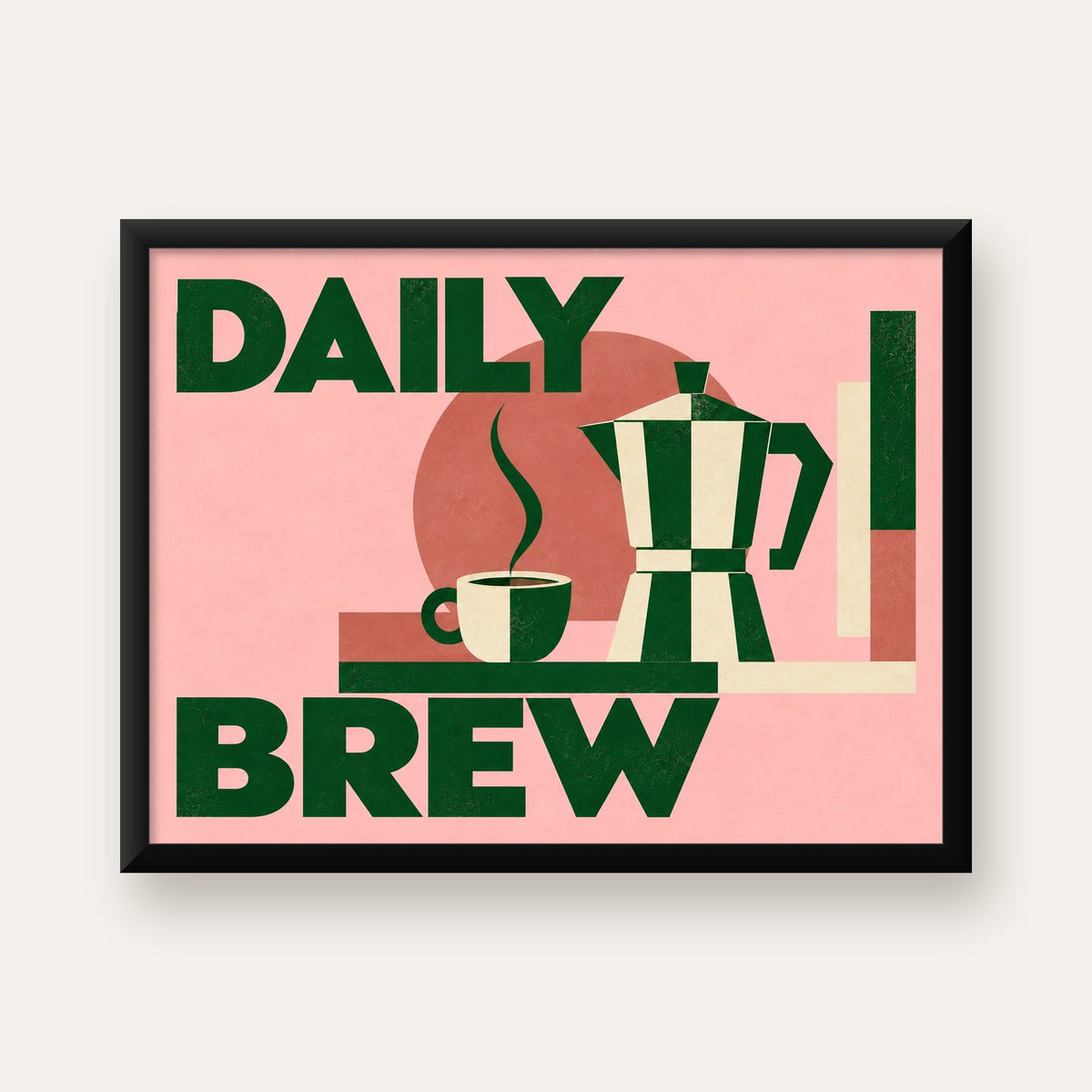 Retro Minimal Moka Pot Poster – DAILY BREW Kahve Sanatı — Yatay baskı, düz siyah çerçeveli duvar posteri
