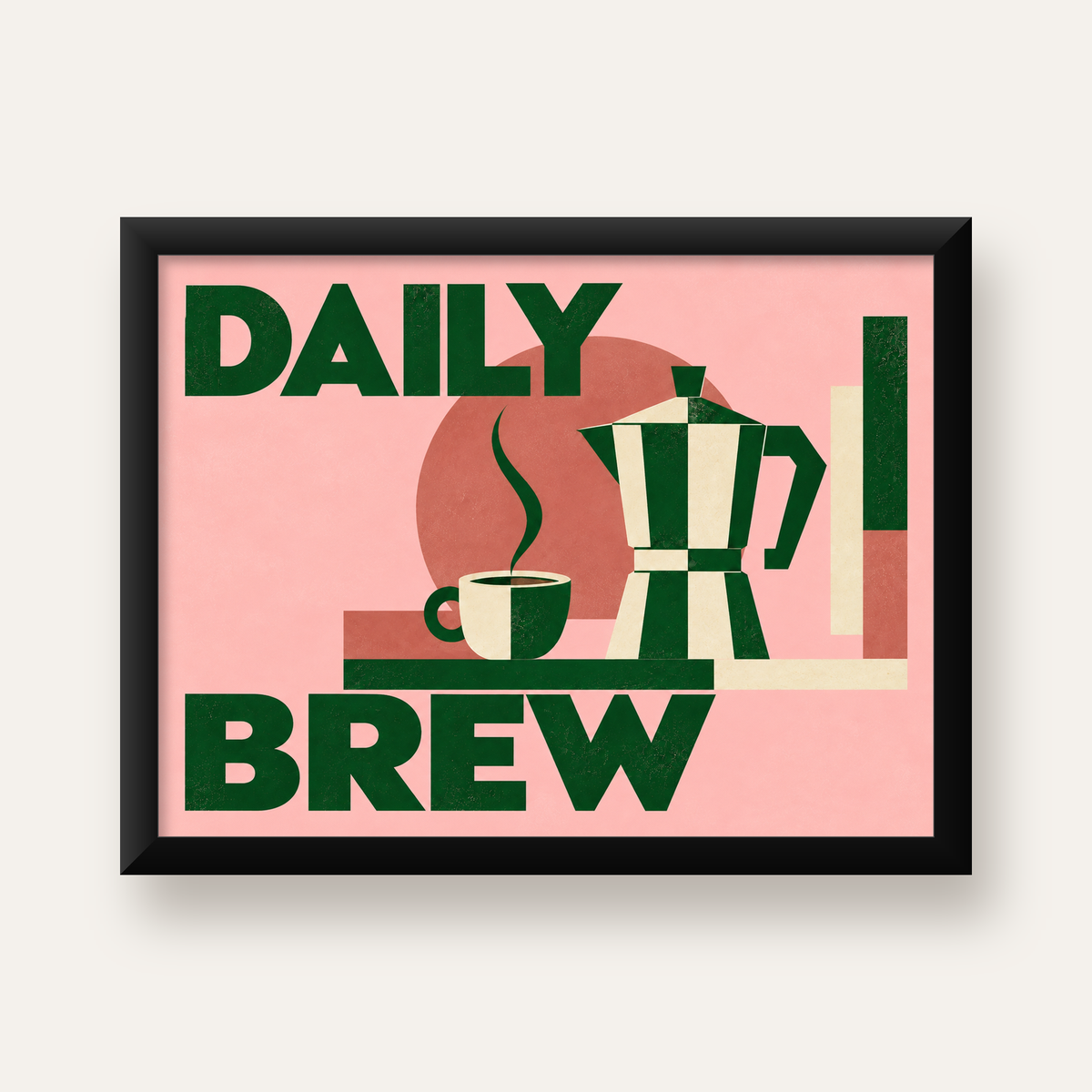 Retro Minimal Moka Pot Poster – DAILY BREW Kahve Sanatı — Yatay baskı, düz siyah çerçeveli duvar posteri