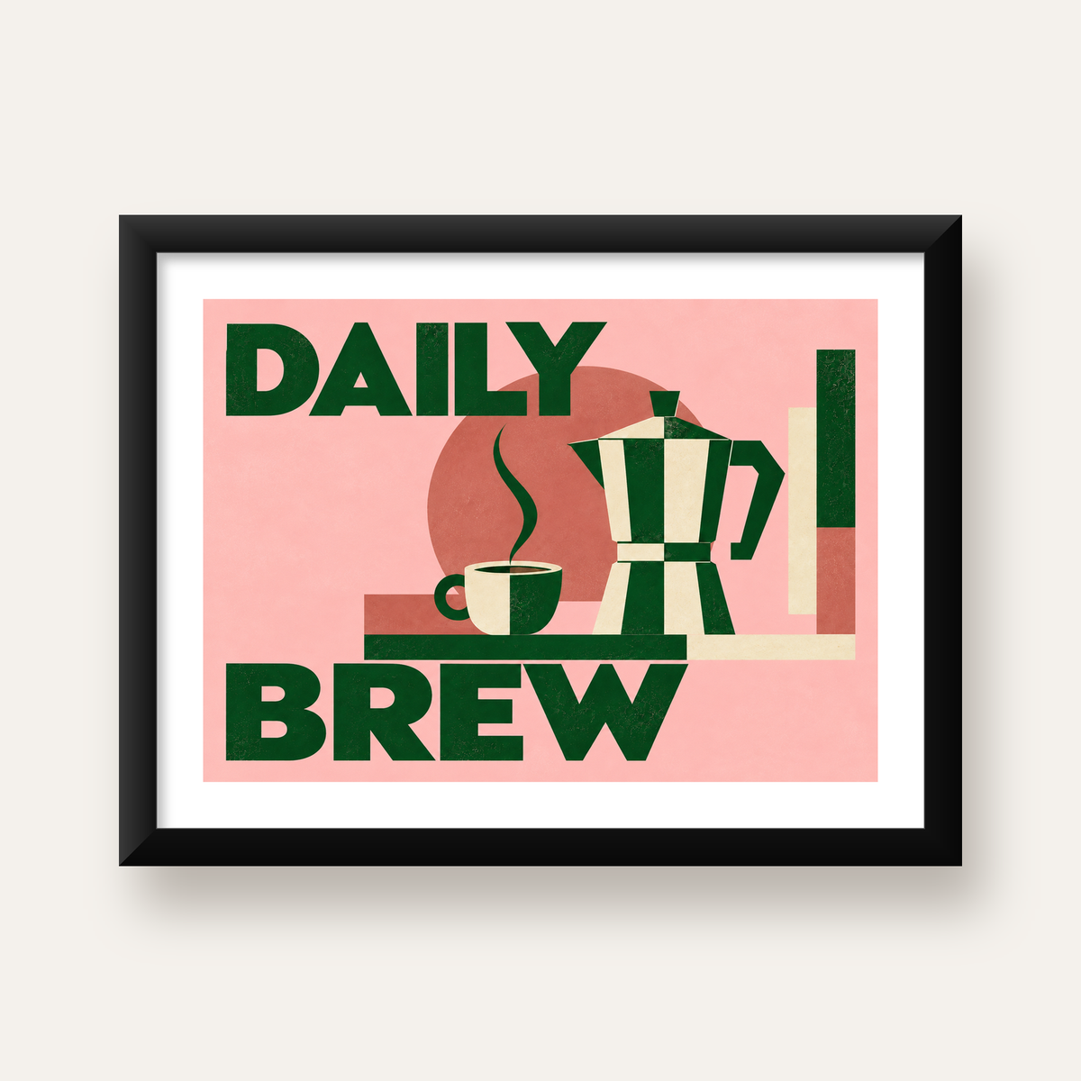 Retro Minimal Moka Pot Poster – DAILY BREW Kahve Sanatı — Yatay baskı, beyaz paspartulu