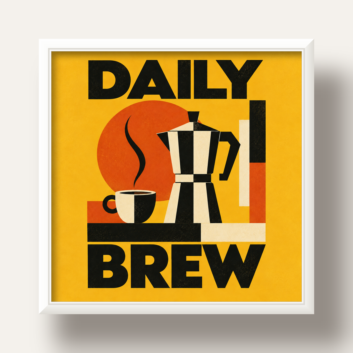 Retro Kahve Temalı Moka Pot Poster – Geometrik Dijital Sanat — beyaz derin çerçeveli