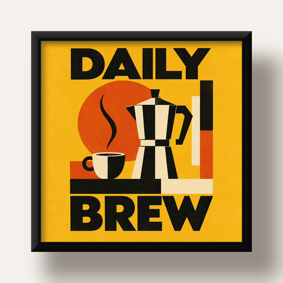 Retro Kahve Temalı Moka Pot Poster – Geometrik Dijital Sanat — siyah derin çerçeveli