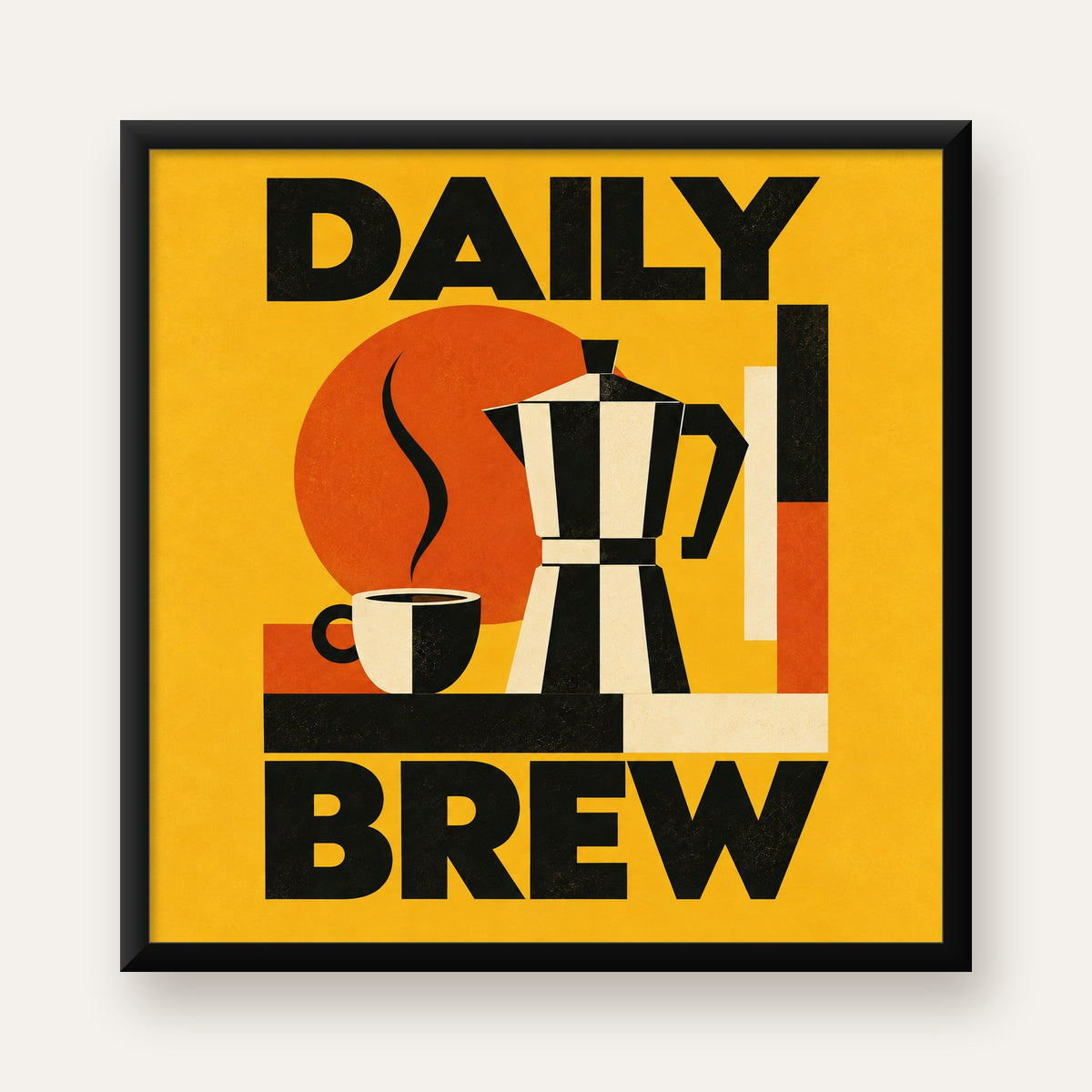 Retro Kahve Temalı Moka Pot Poster – Geometrik Dijital Sanat — Kare baskı, düz siyah çerçeveli duvar posteri