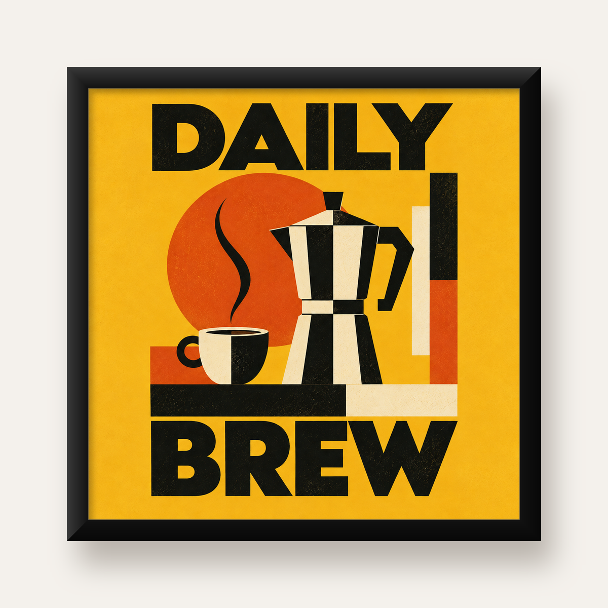 Retro Kahve Temalı Moka Pot Poster – Geometrik Dijital Sanat — Kare baskı, düz siyah çerçeveli duvar posteri