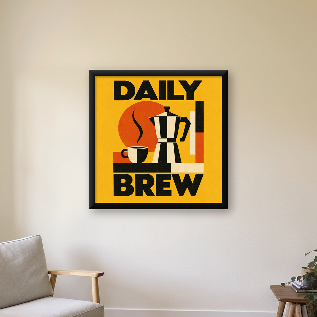Retro Kahve Temalı Moka Pot Poster – Geometrik Dijital Sanat — Kare baskı, çerçeveli hâliyle bir ev duvarında