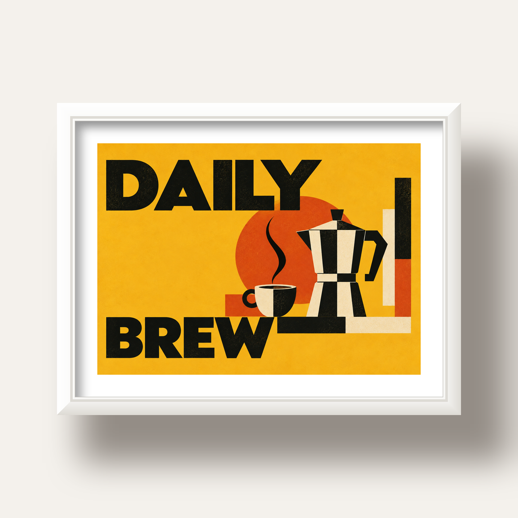 Retro Kahve Temalı Moka Pot Poster – Geometrik Dijital Sanat — beyaz derin çerçeveli paspartulu