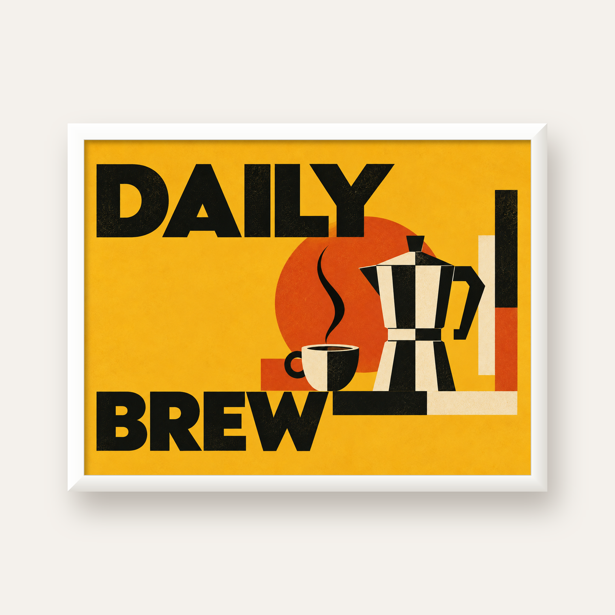 Retro Kahve Temalı Moka Pot Poster – Geometrik Dijital Sanat — beyaz çerçeveli yatay poster
