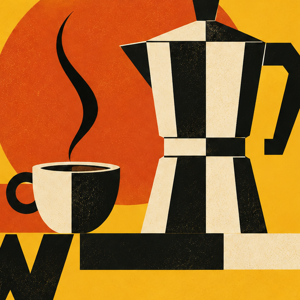 Retro Kahve Temalı Moka Pot Poster – Geometrik Dijital Sanat — baskının yakın çekimi, kâğıt dokusu ve renk detayı