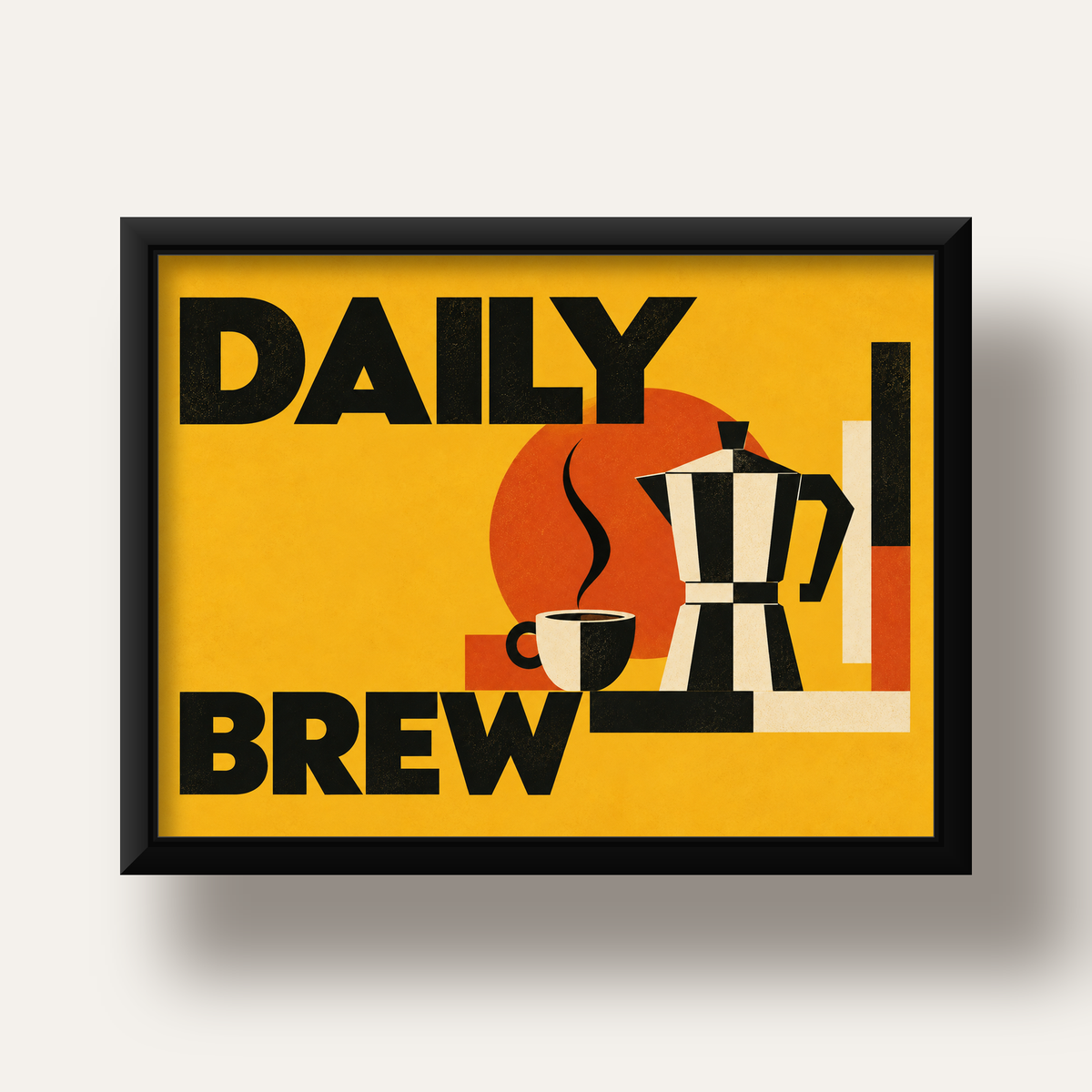 Retro Kahve Temalı Moka Pot Poster – Geometrik Dijital Sanat — siyah derin çerçeveli