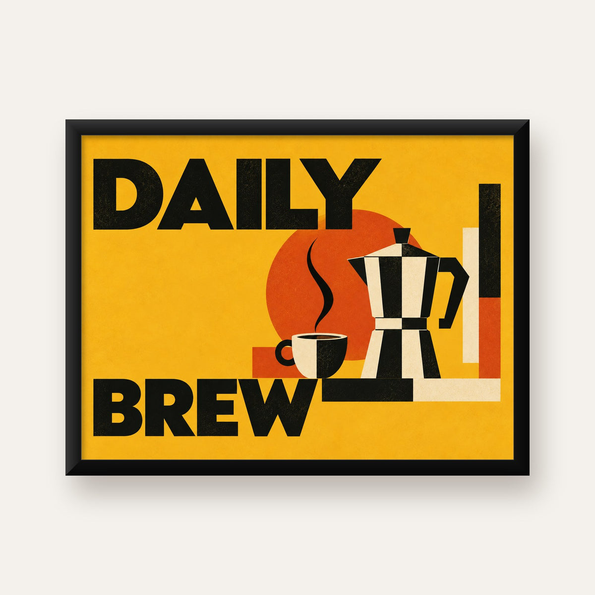 Retro Kahve Temalı Moka Pot Poster – Geometrik Dijital Sanat — Yatay baskı, düz siyah çerçeveli duvar posteri