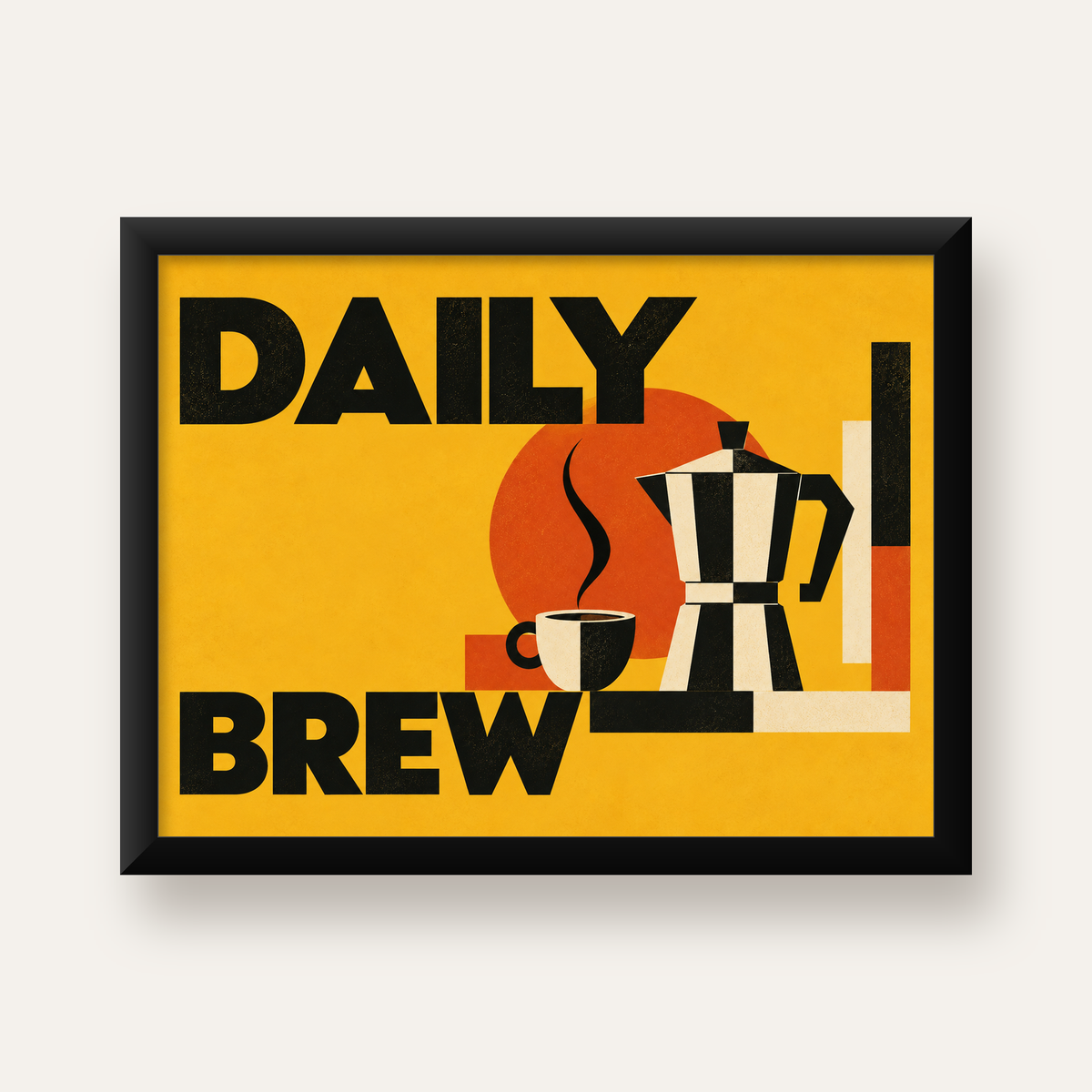 Retro Kahve Temalı Moka Pot Poster – Geometrik Dijital Sanat — Yatay baskı, düz siyah çerçeveli duvar posteri
