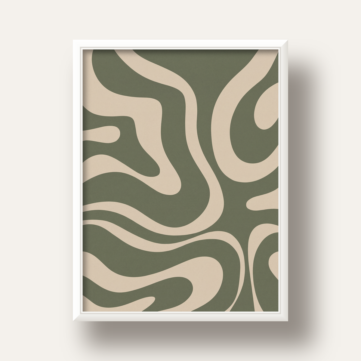 Dalgalı Soyut Desen Poster – Bej ve Haki Dijital Sanat Baskı — beyaz derin çerçeveli