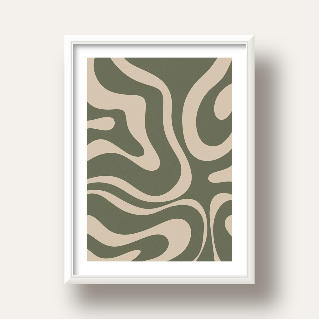 Dalgalı Soyut Desen Poster – Bej ve Haki Dijital Sanat Baskı — beyaz derin çerçeveli paspartulu