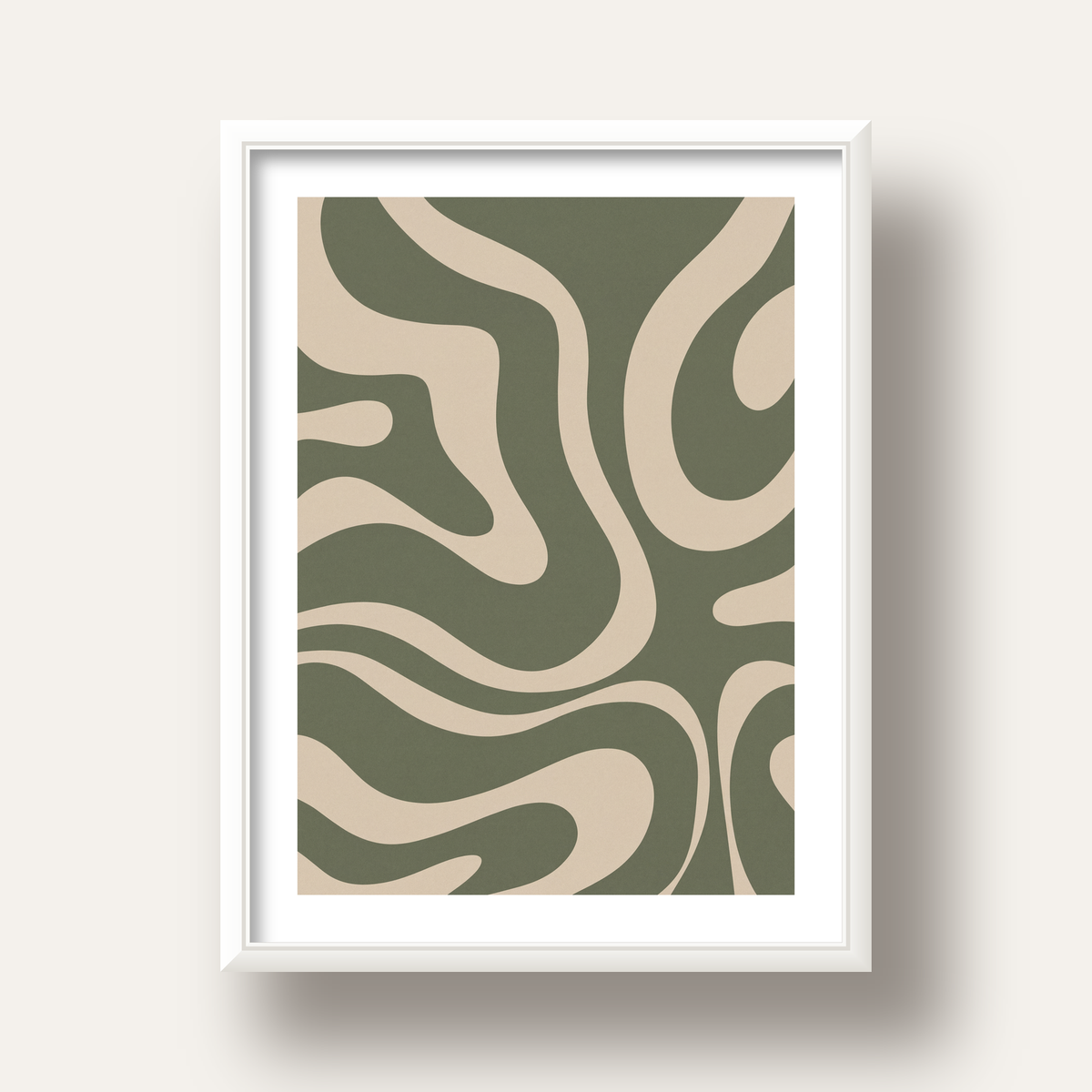 Dalgalı Soyut Desen Poster – Bej ve Haki Dijital Sanat Baskı — beyaz derin çerçeveli paspartulu