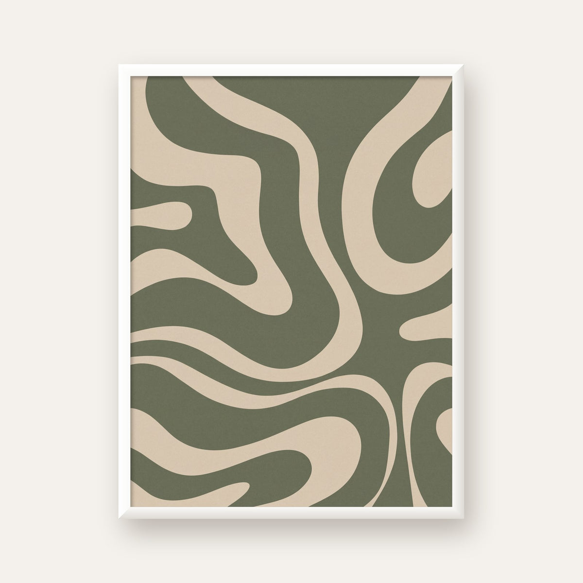 Dalgalı Soyut Desen Poster – Bej ve Haki Dijital Sanat Baskı — beyaz çerçeveli dikey poster