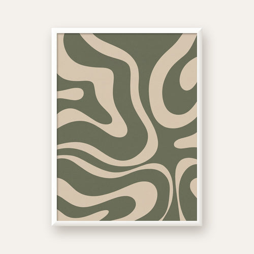 Dalgalı Soyut Desen Poster – Bej ve Haki Dijital Sanat Baskı — beyaz çerçeveli dikey poster