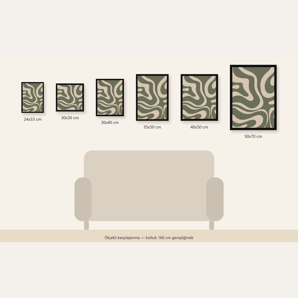 Dalgalı Soyut Desen Poster – Bej ve Haki Dijital Sanat Baskı — 24×33 cm'den 50×70 cm'e, altı ölçünün karşılaştırması