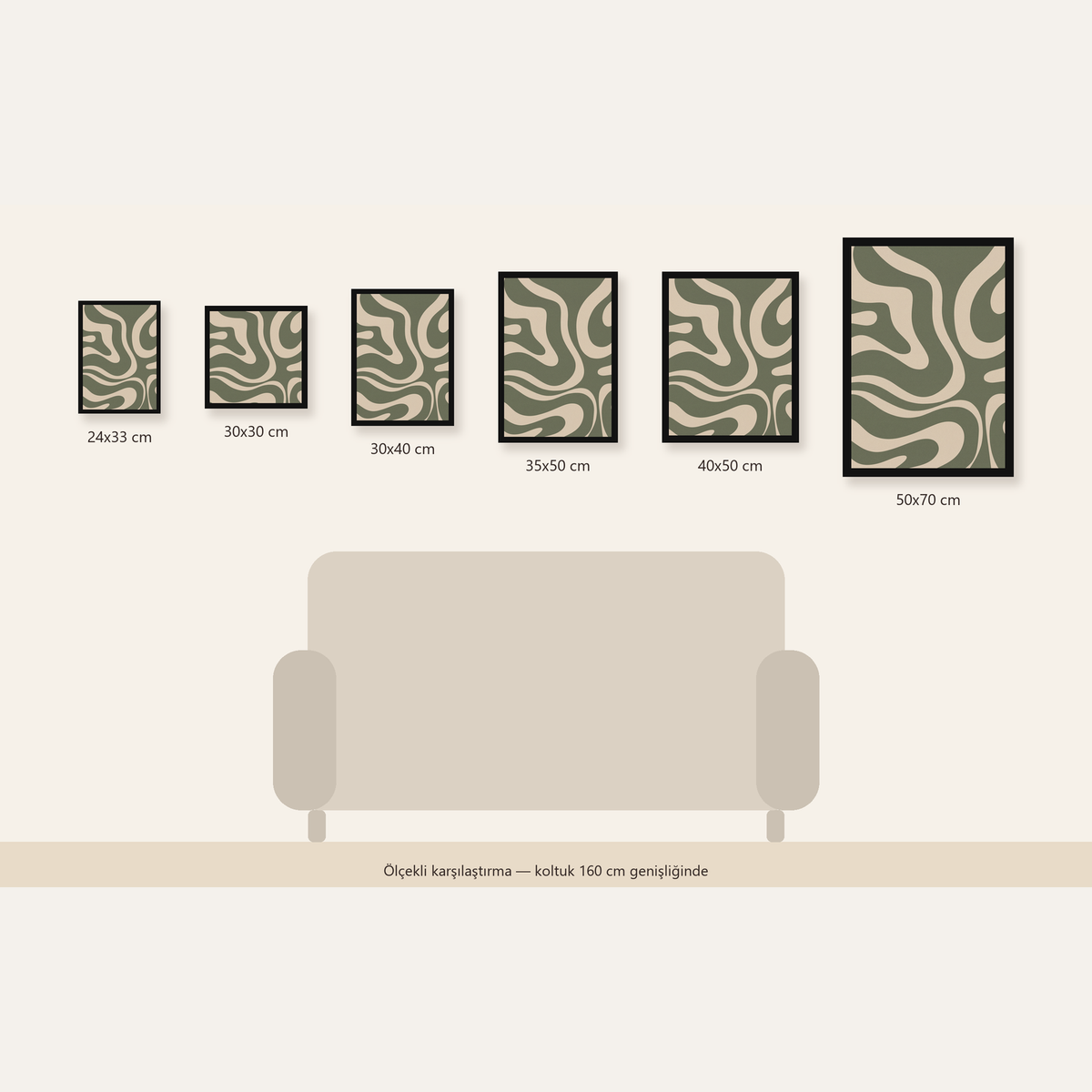 Dalgalı Soyut Desen Poster – Bej ve Haki Dijital Sanat Baskı — 24×33 cm'den 50×70 cm'e, altı ölçünün karşılaştırması