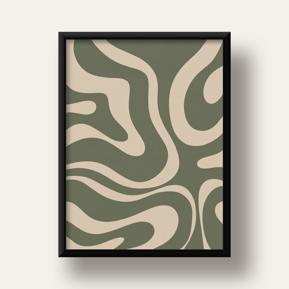Dalgalı Soyut Desen Poster – Bej ve Haki Dijital Sanat Baskı — siyah derin çerçeveli