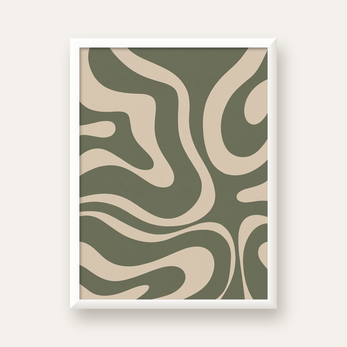 Dalgalı Soyut Desen Poster – Bej ve Haki Dijital Sanat Baskı — beyaz çerçeveli dikey poster