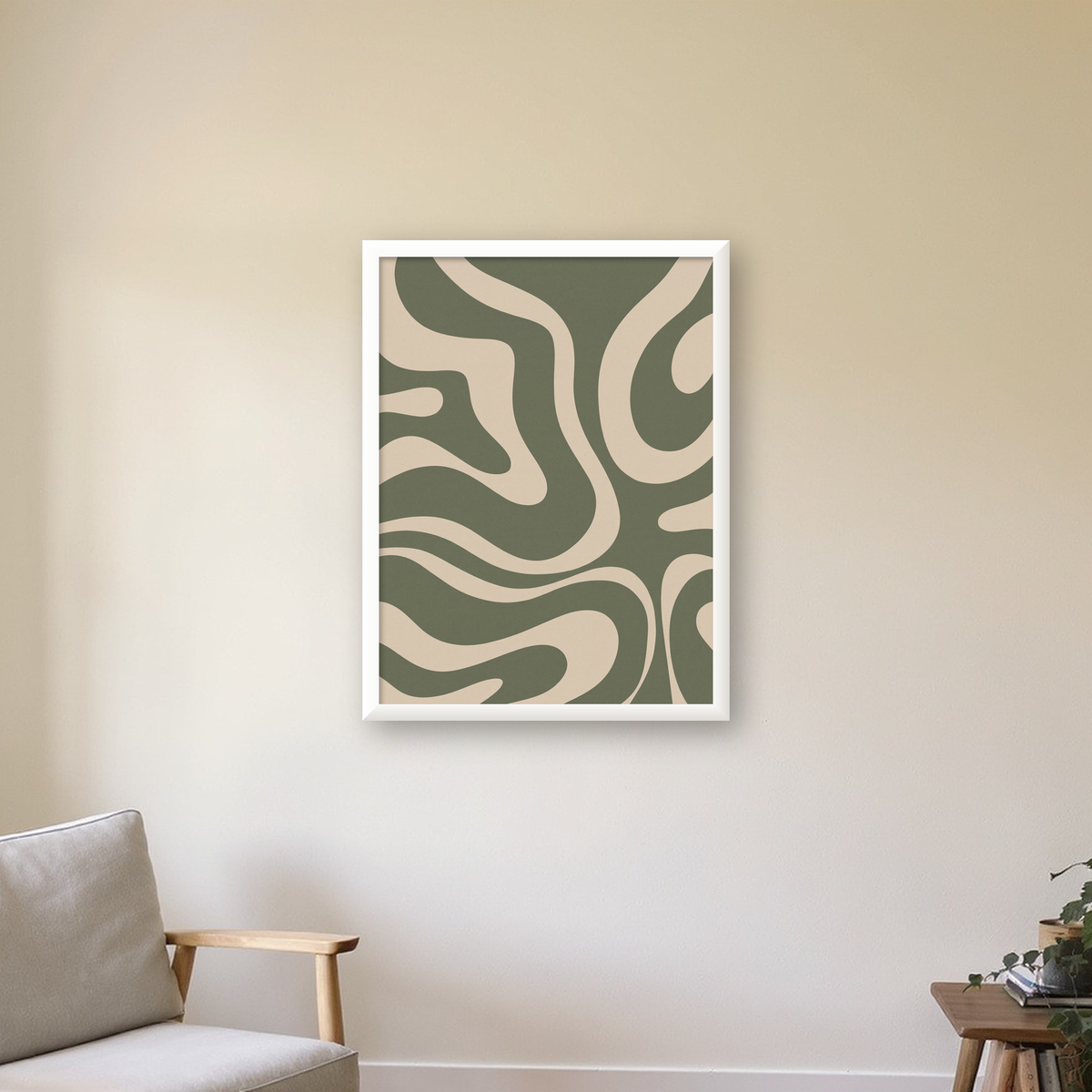 Dalgalı Soyut Desen Poster – Bej ve Haki Dijital Sanat Baskı — beyaz çerçeveli dikey poster