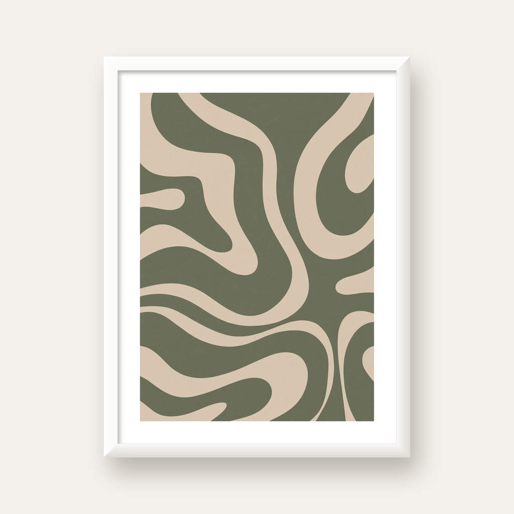 Dalgalı Soyut Desen Poster – Bej ve Haki Dijital Sanat Baskı — beyaz çerçeveli dikey poster