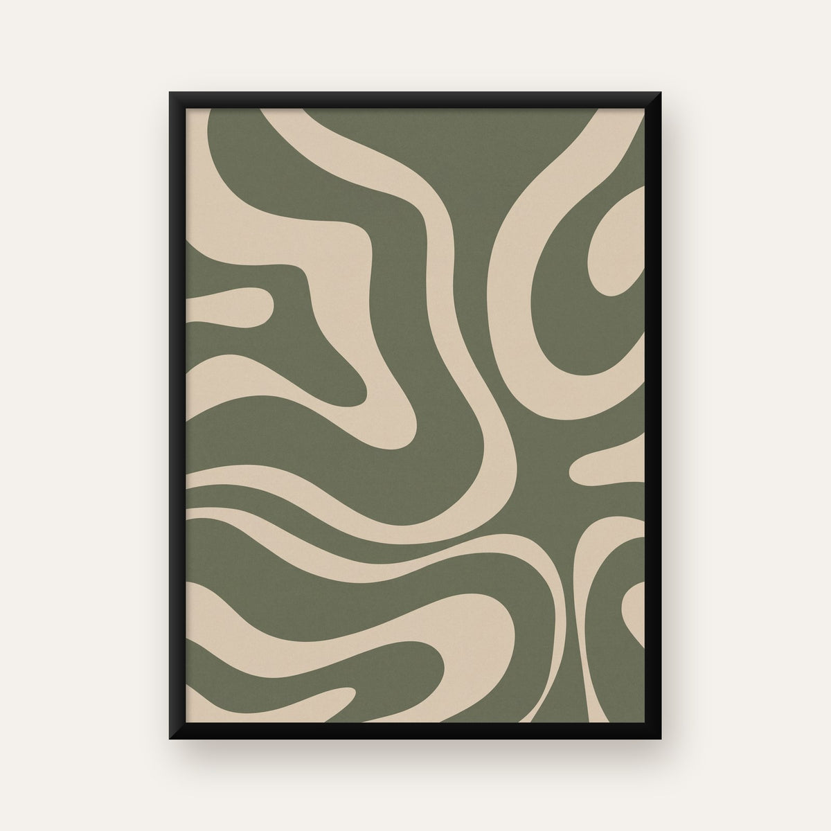 Dalgalı Soyut Desen Poster – Bej ve Haki Dijital Sanat Baskı — ceviz çerçeveli