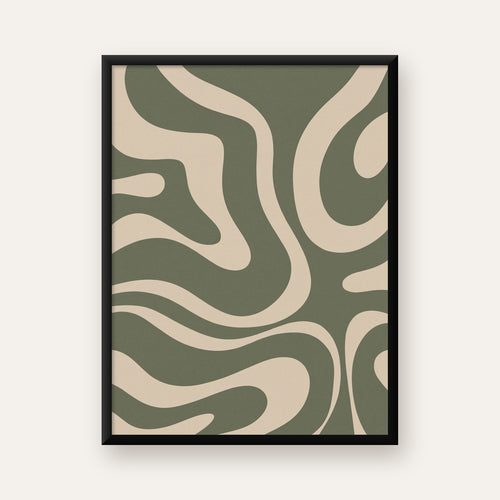 Dalgalı Soyut Desen Poster – Bej ve Haki Dijital Sanat Baskı — ceviz çerçeveli