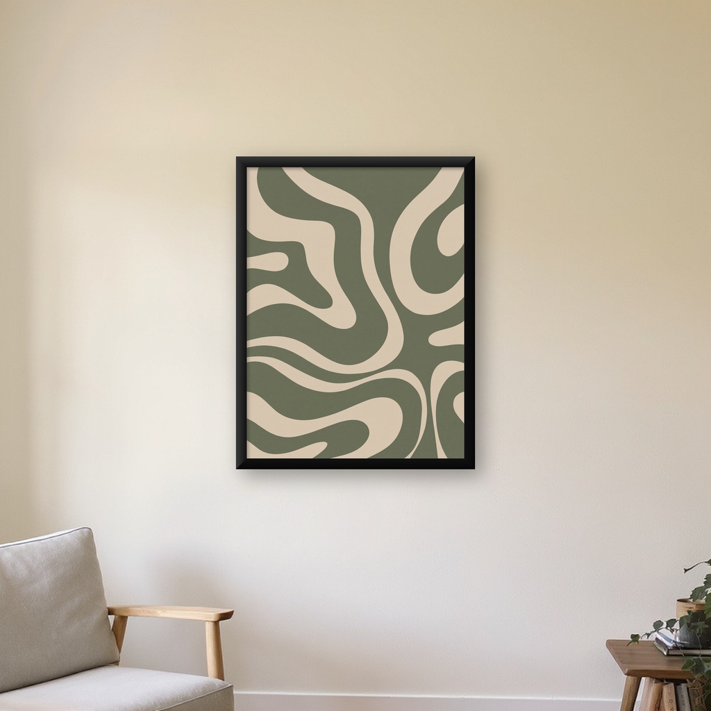 Dalgalı Soyut Desen Poster – Bej ve Haki Dijital Sanat Baskı — duvarda, düz siyah çerçeveli